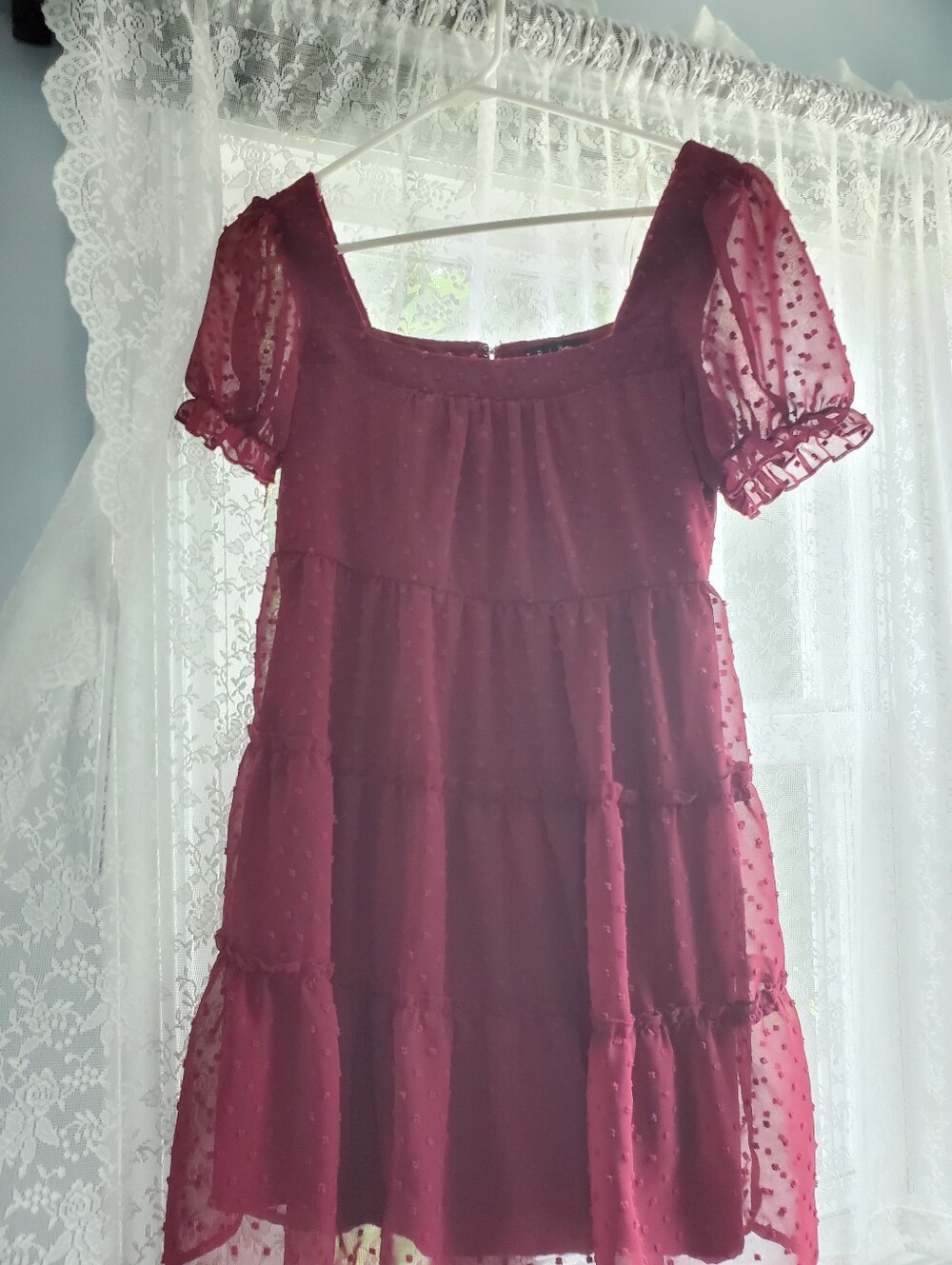 Trixxi Burgundy Swiss Dot Tiered Mini Dress